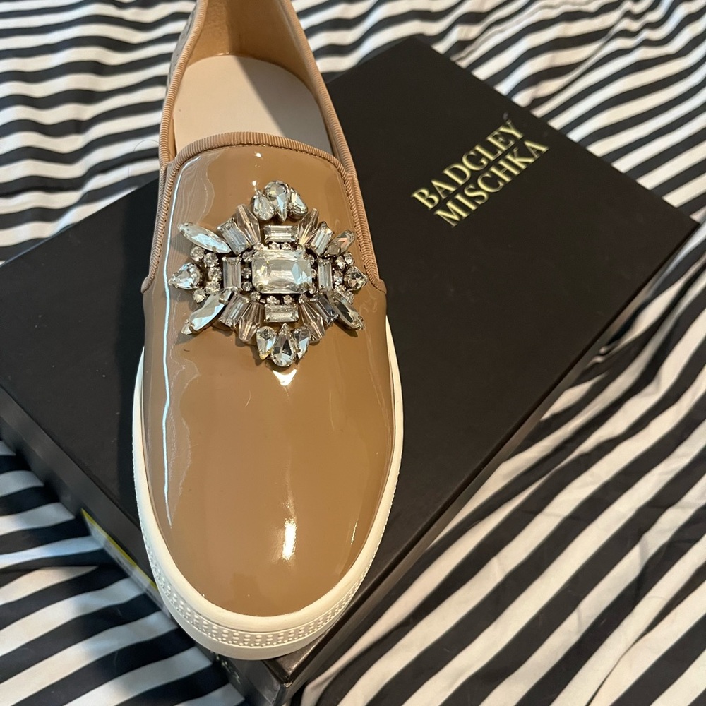 Nude patent slip on shoes. Badgley Miscka